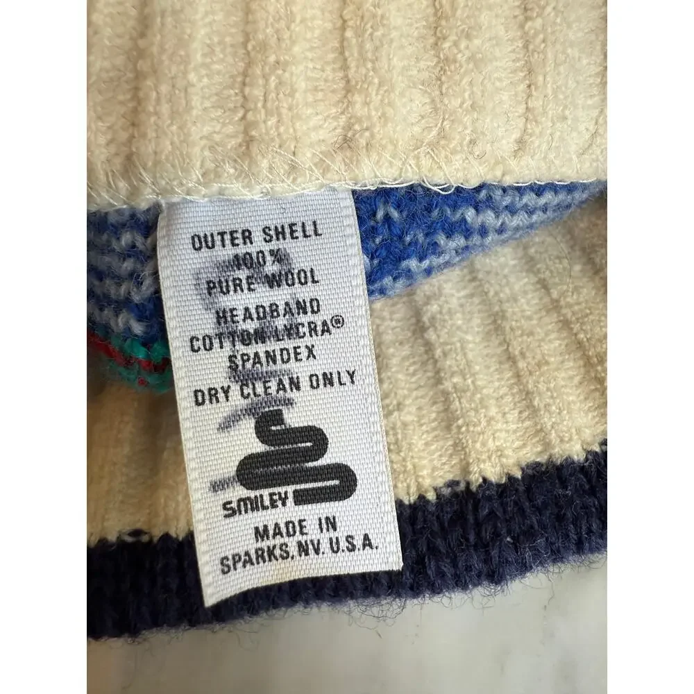 Vintage 80s Smiley Wool Ski Beanie hat Blue Red